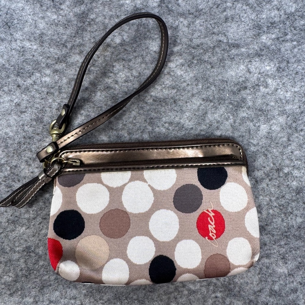 Coach Poppy Double Zip Wristlet Watercolor Polka Dot Brown White Red Y2K Wallet